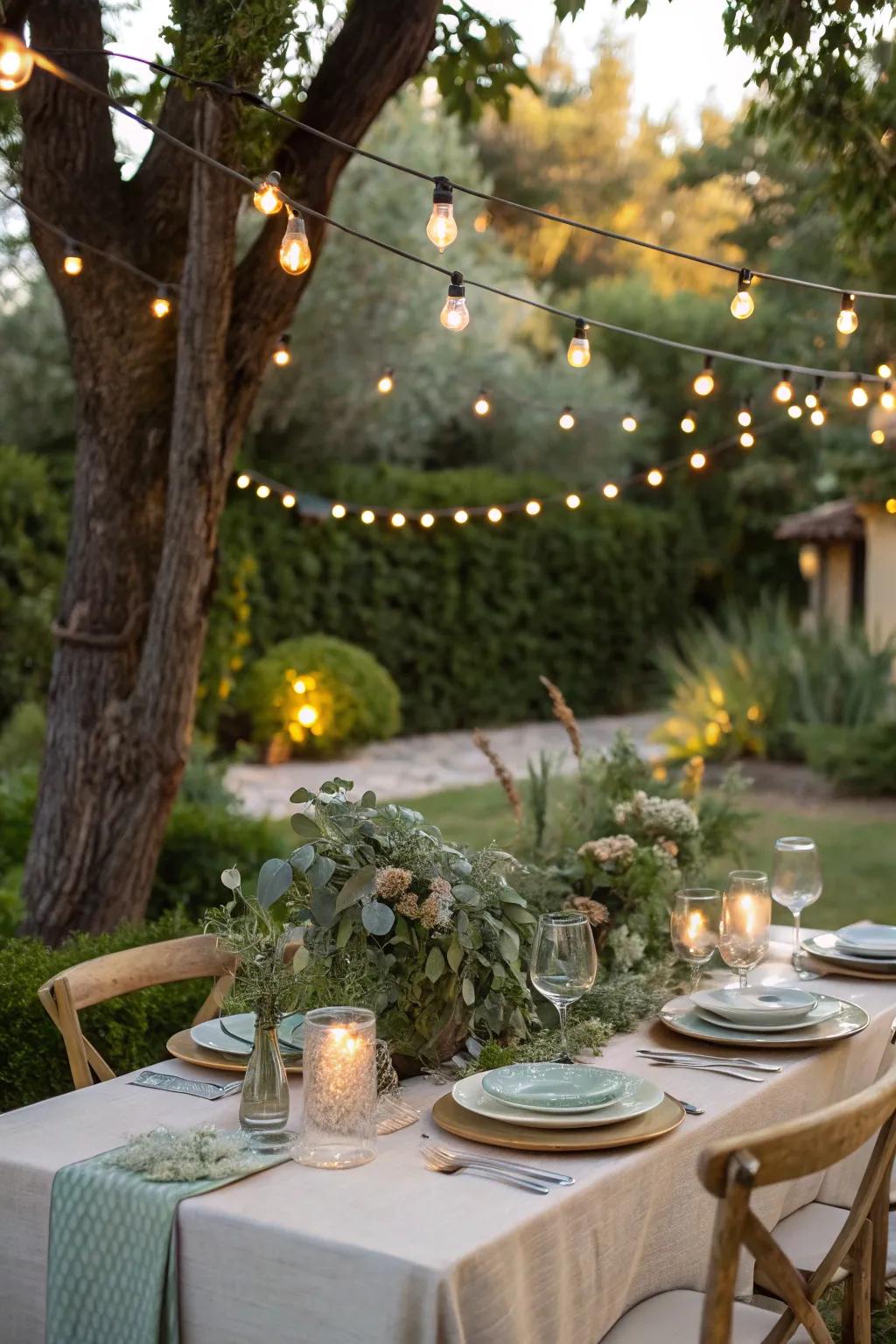An open-air retreat adorned with strung lights establishes the setting for a captivating evening.
