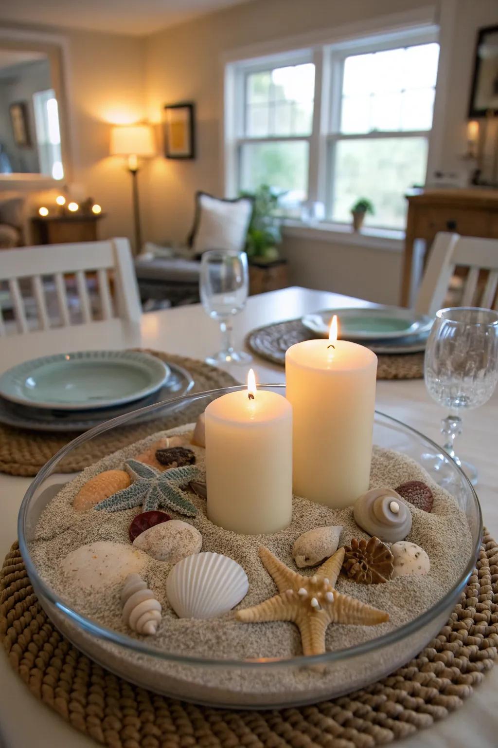 A calming coastline-inspired centerpiece for a beachy vibe.