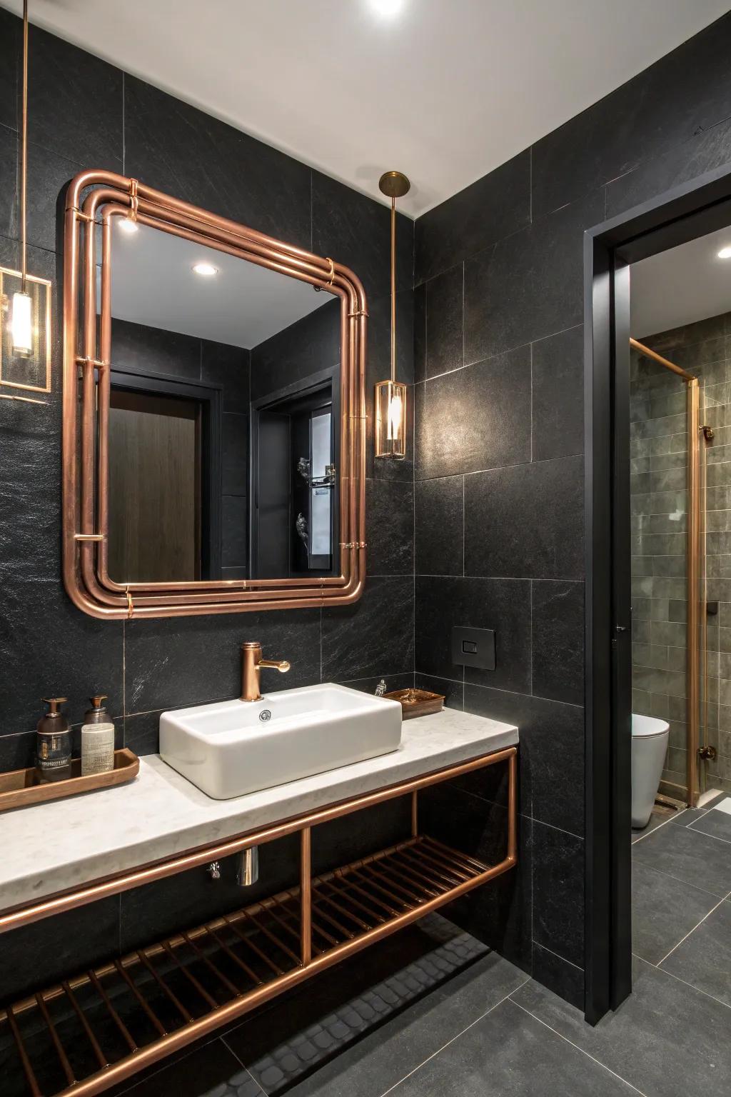 A unique copper-framed mirror enriches the character of the space.