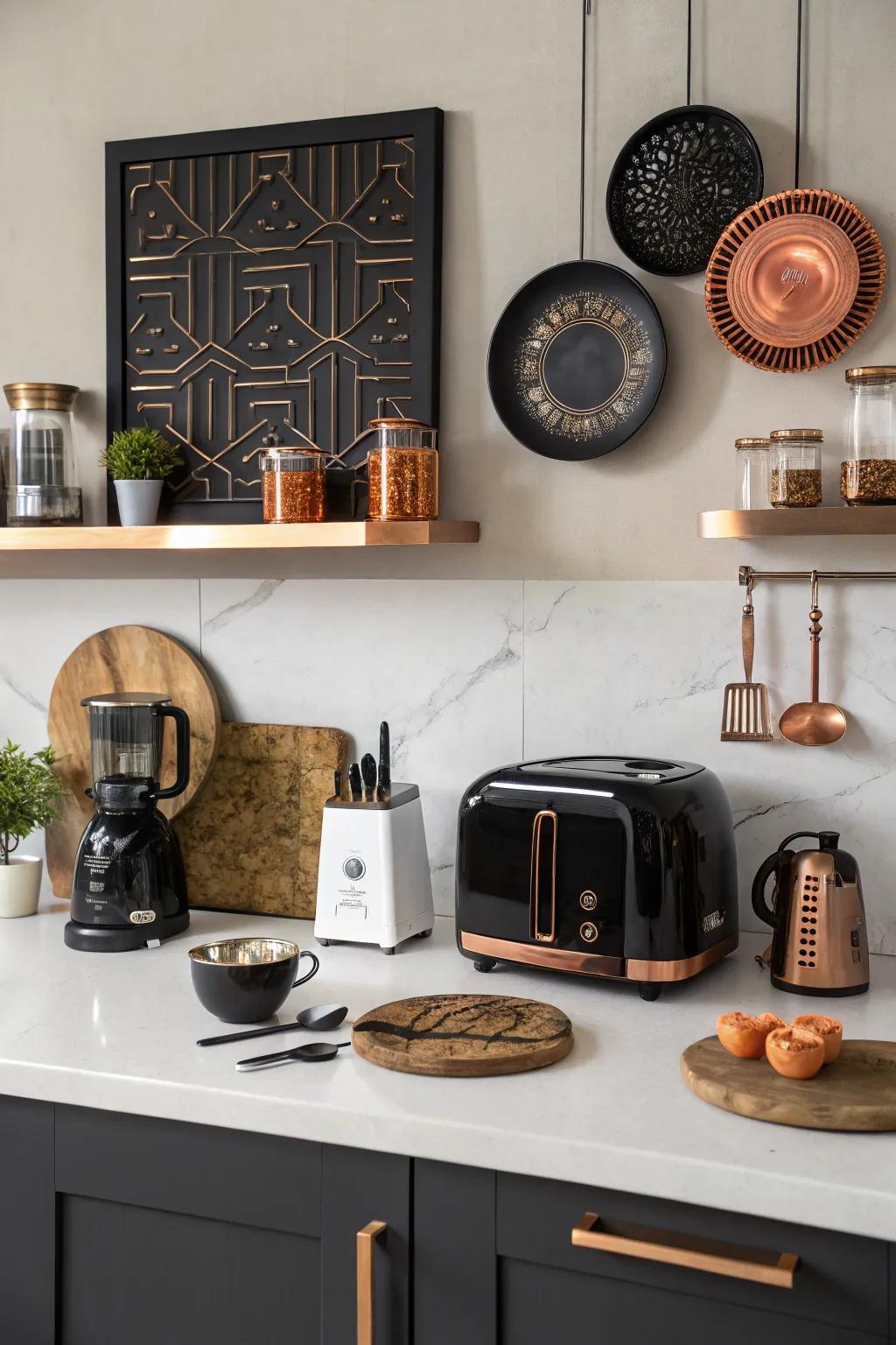 Dark and copper accessories bring harmony to your cooking area design.