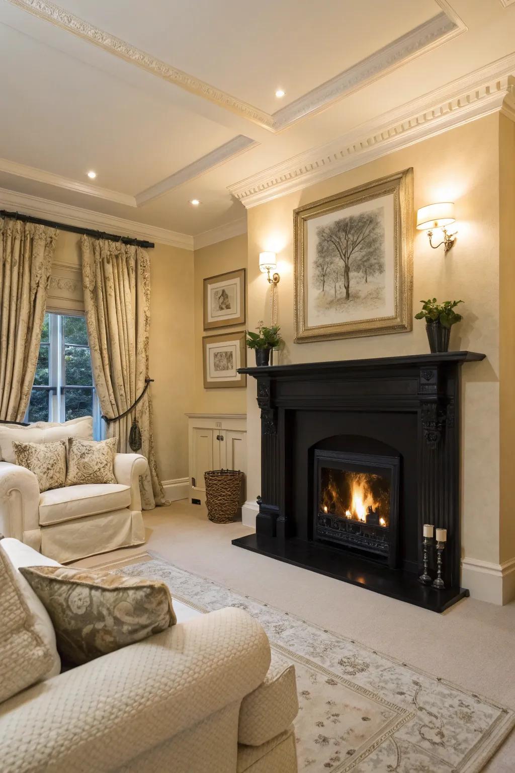 An ebony fireplace frame serves as a dramatic central point in the living space.