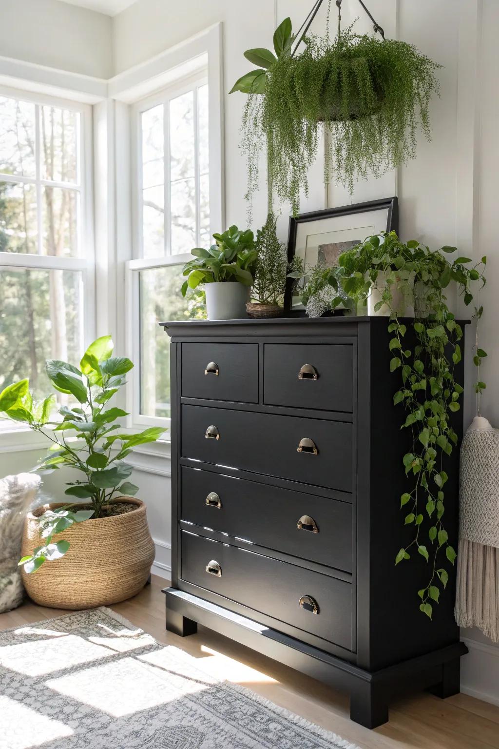 An ebony chest complemented by lush greenery.