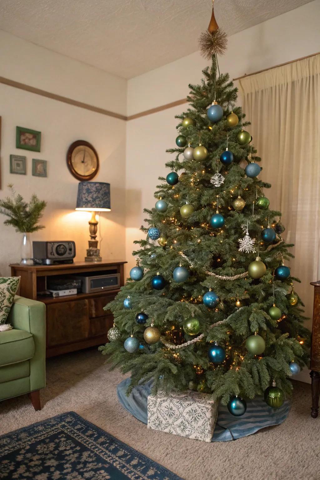 A denim and olive tree that emanates vintage charm and nostalgia.