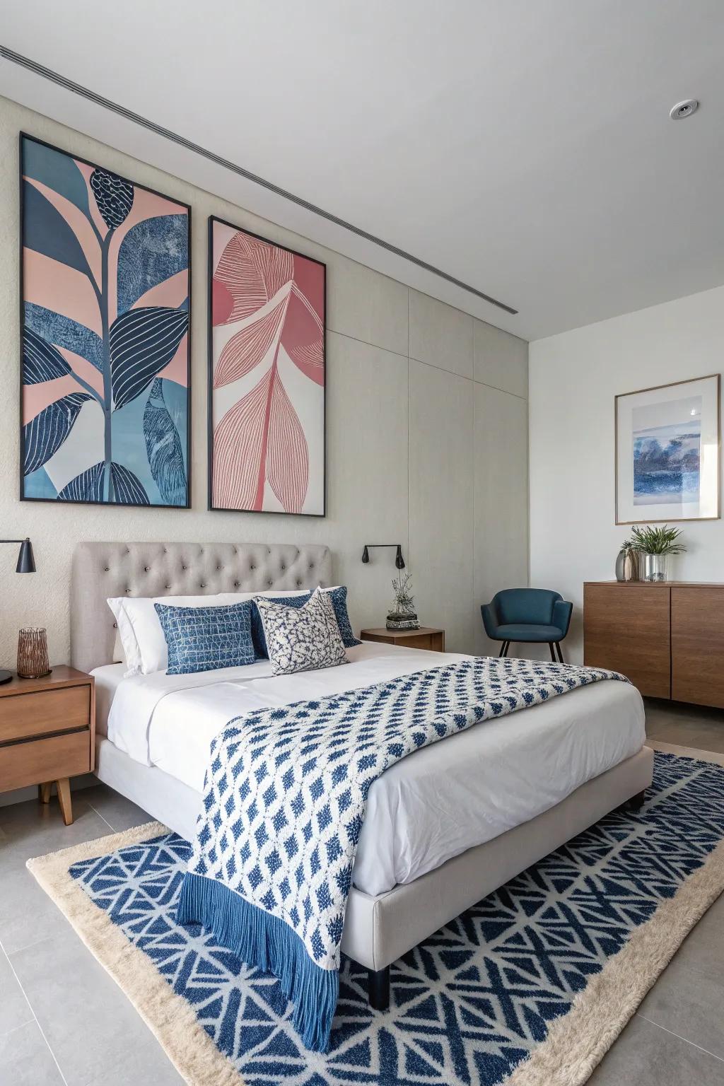 Artwork in blue and pink serves as a striking focal point.