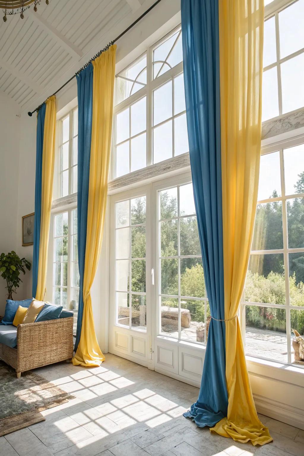 Windows dressed in azure and gold window coverings, brightening the space with warmth.