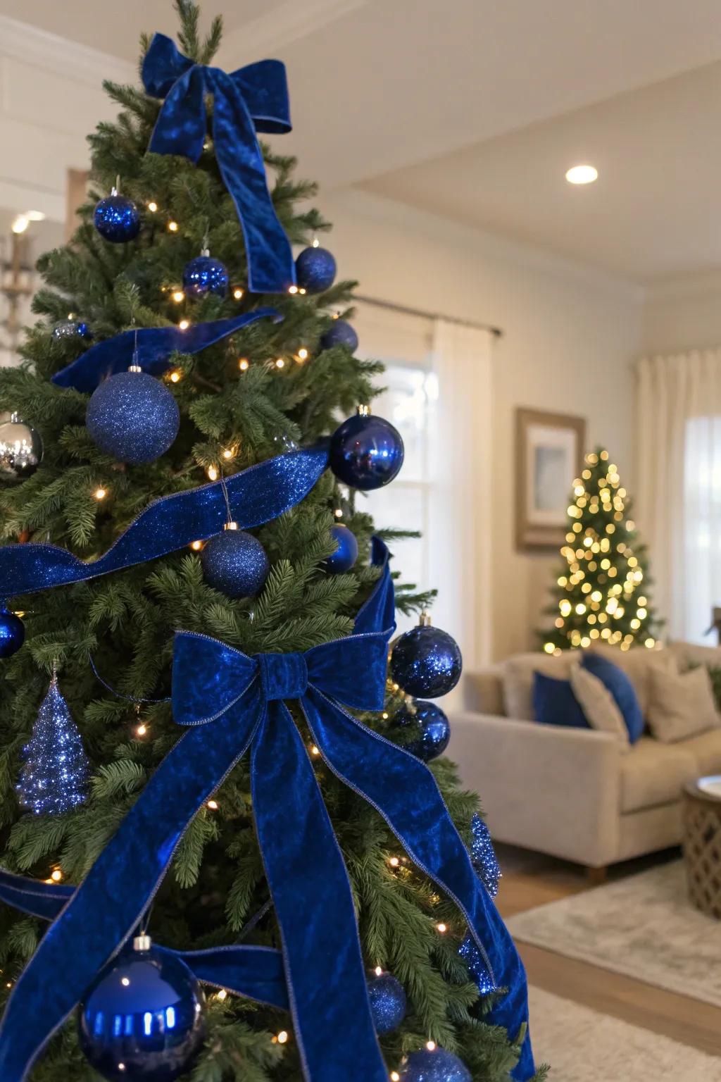 A sumptuous blue velvet Christmas tree.