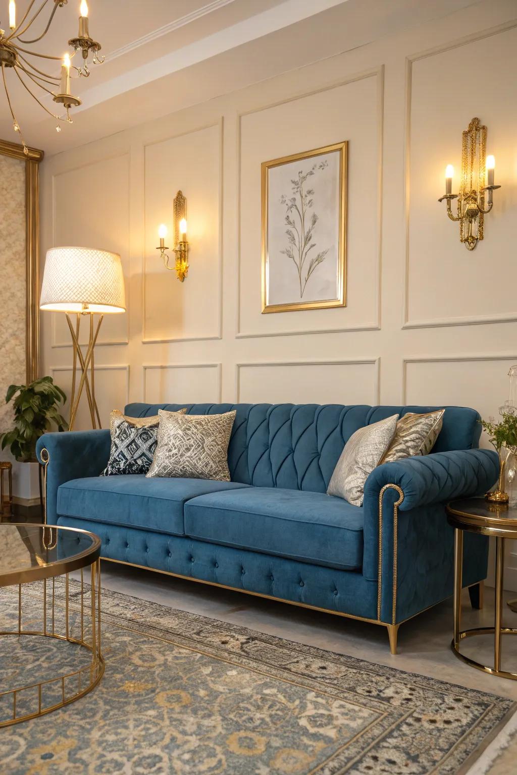 Metallic details inject a lavish ambiance into a cerulean sofa design.