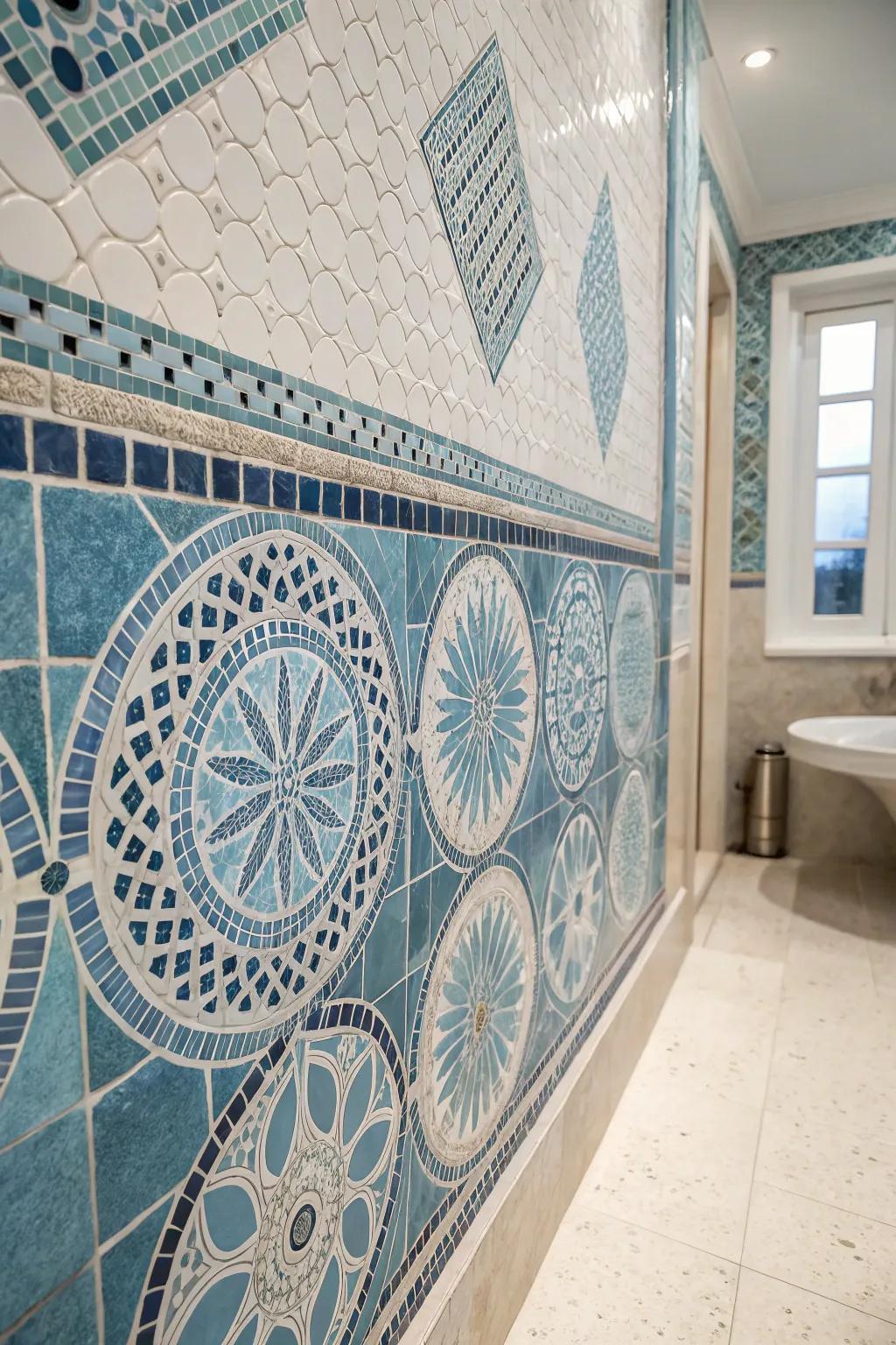 Patchwork tiles provide countless opportunities for artistic manifestation in your bathroom.