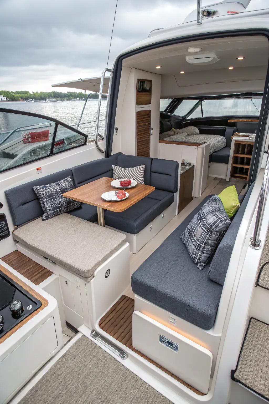 Efficient space usage via multi-purpose furniture for a streamlined boat interior.
