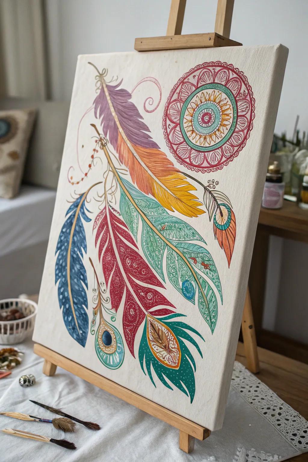 A boho painting that captures the delicate beauty and symbolism of feathers.