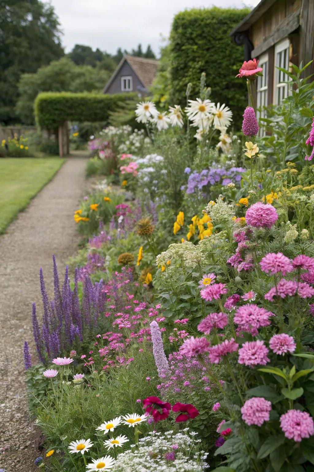 A charming rustic garden border with Meadow Blooms and bordered with Vintage Border Weave.
