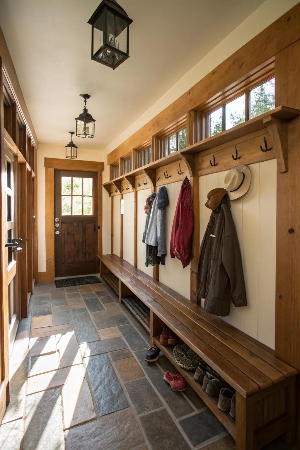 A practical mudroom setup in the breezeway for ultimate organization.