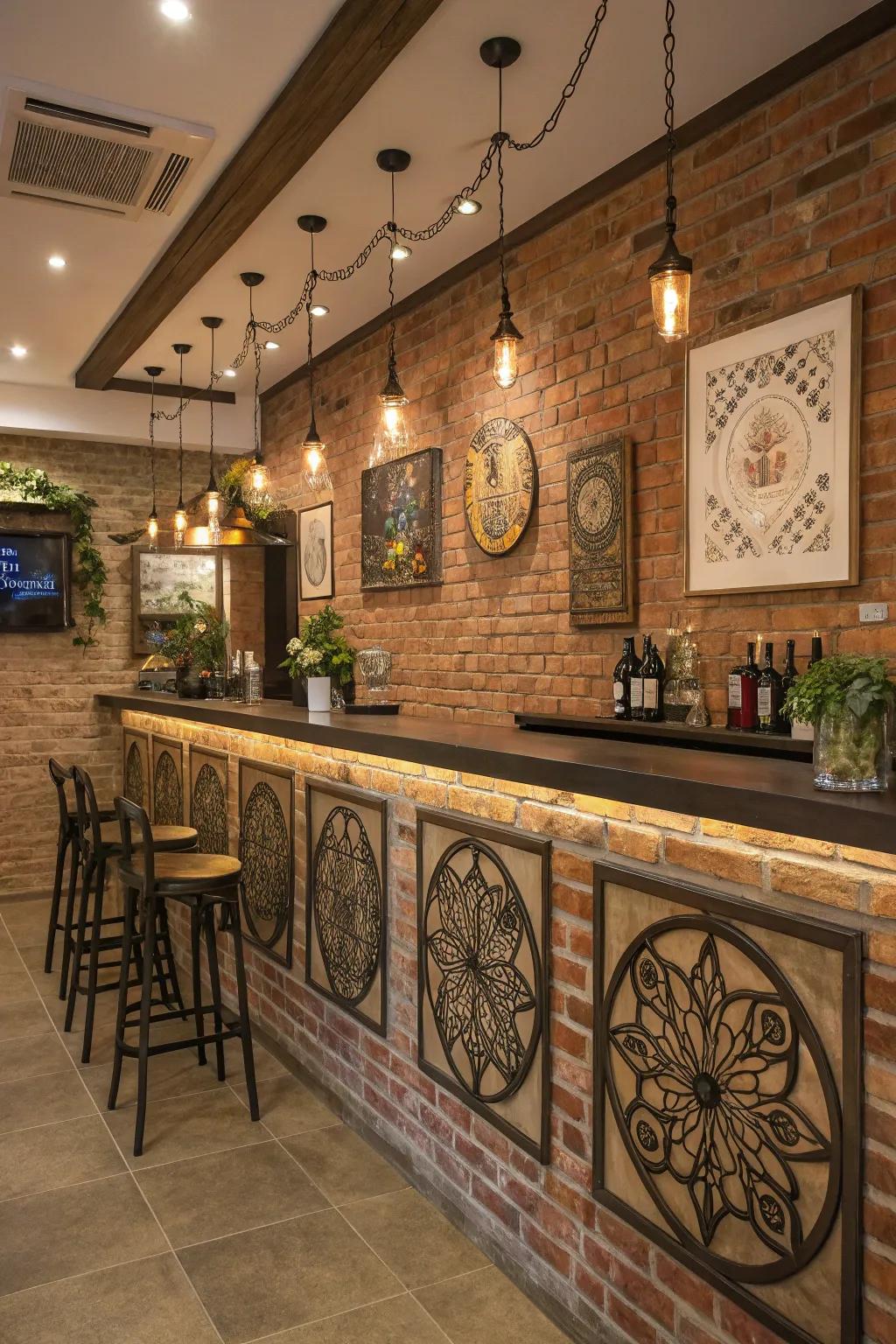 Custom wall art enhances the personal touch of a brick wall bar.