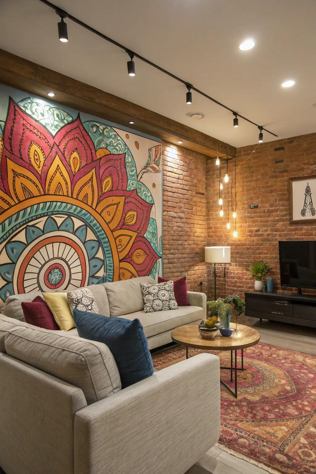 Bespoke mural becomes the living room's centerpiece.