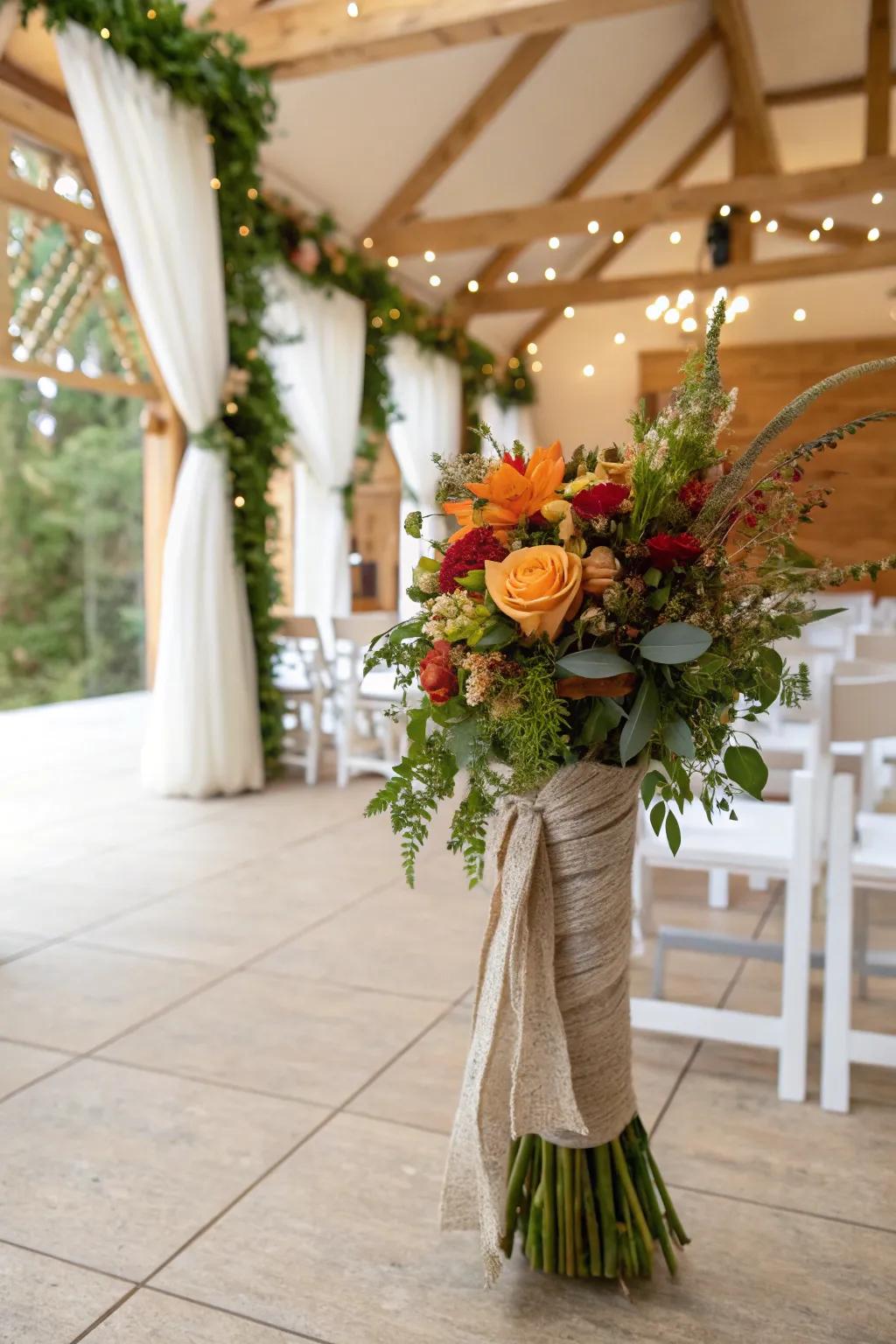 Seasonal fabric dressings convey a cohesive element to wedding bouquets.