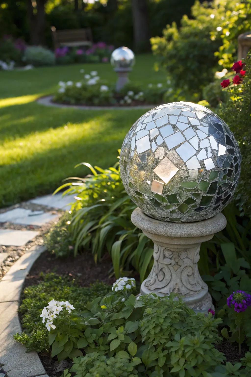 A reflecting sphere ornament enriches any garden.