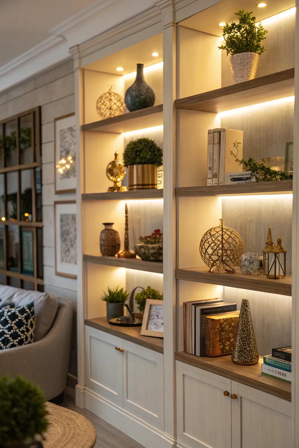 Highlight illumination adds depth and accentuates unique decorative pieces.