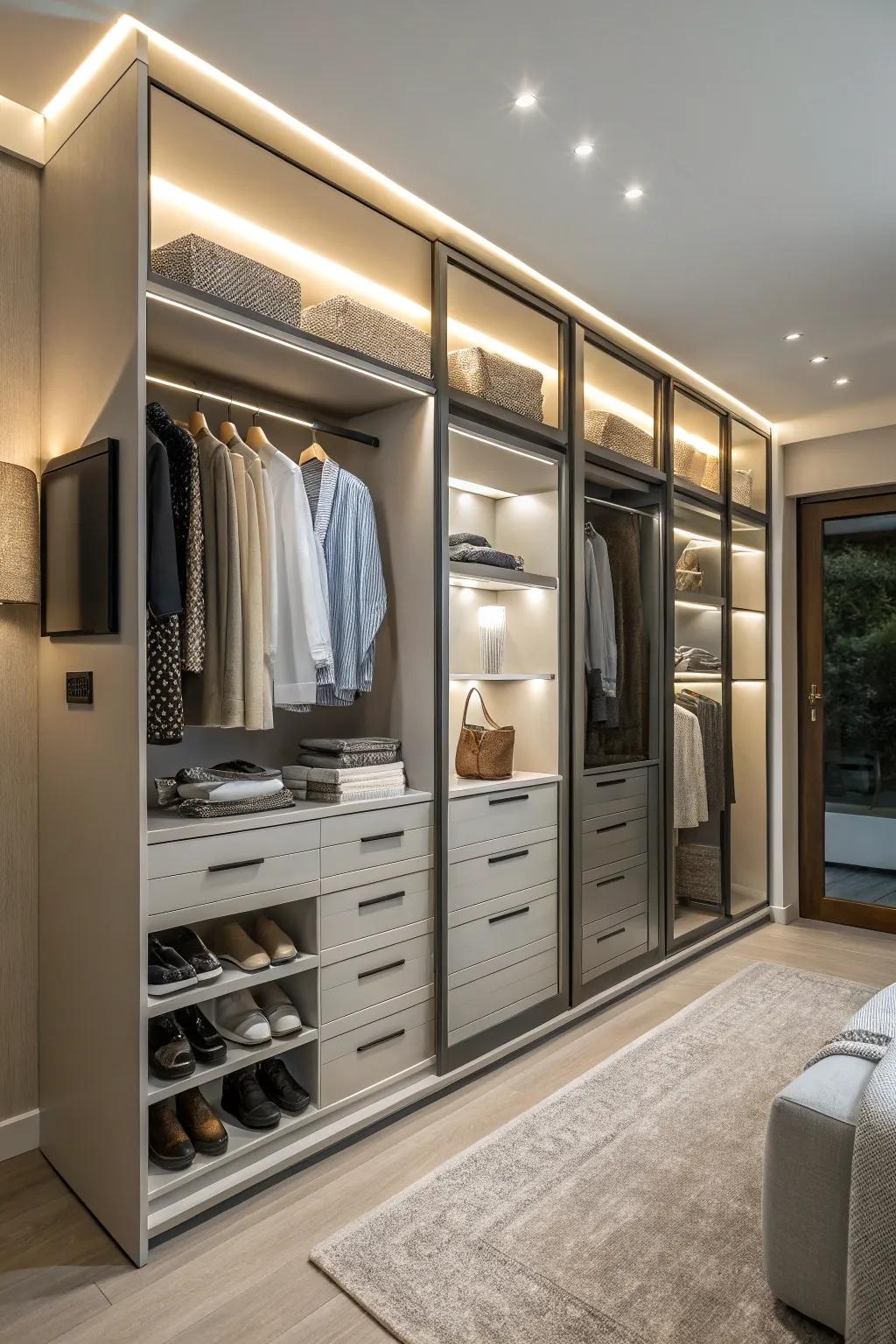 Integrated lighting enhances the functionality and aesthetics of a closet.