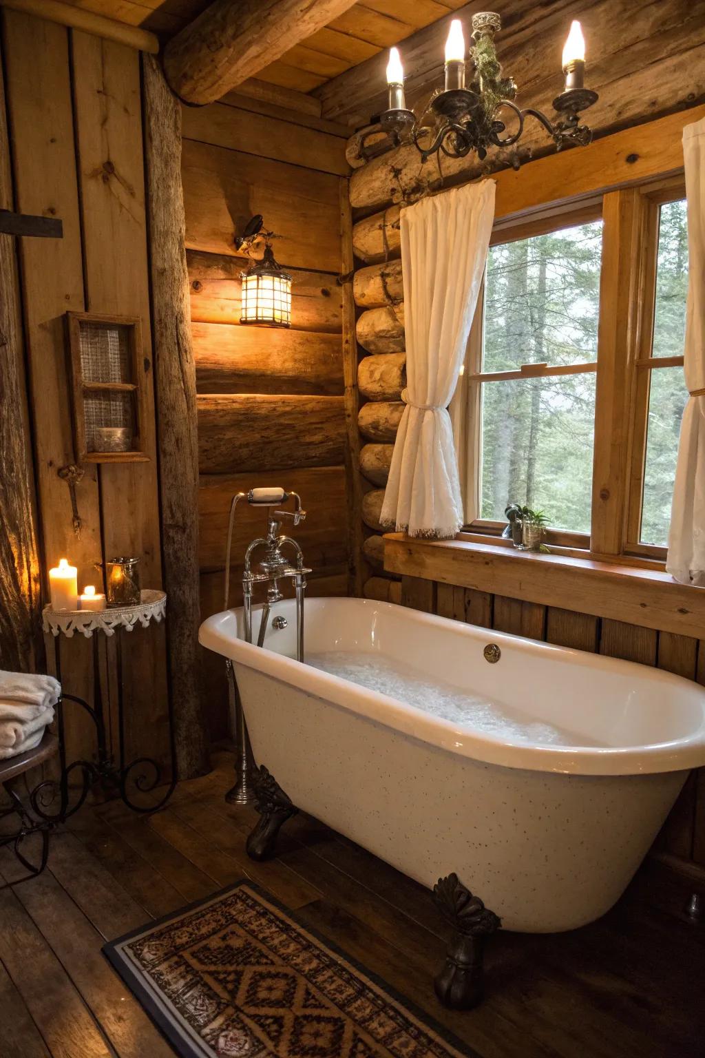 A log cabin washroom showcasing an antique clawfoot tub and vintage tap.