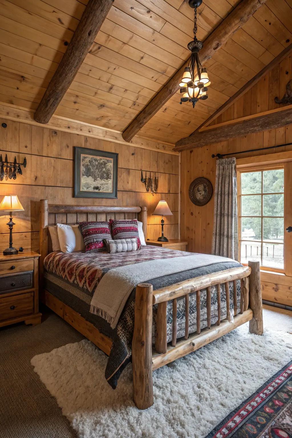 A cabin bedroom emphasizing rugged timber furnishings and countryside ornaments.