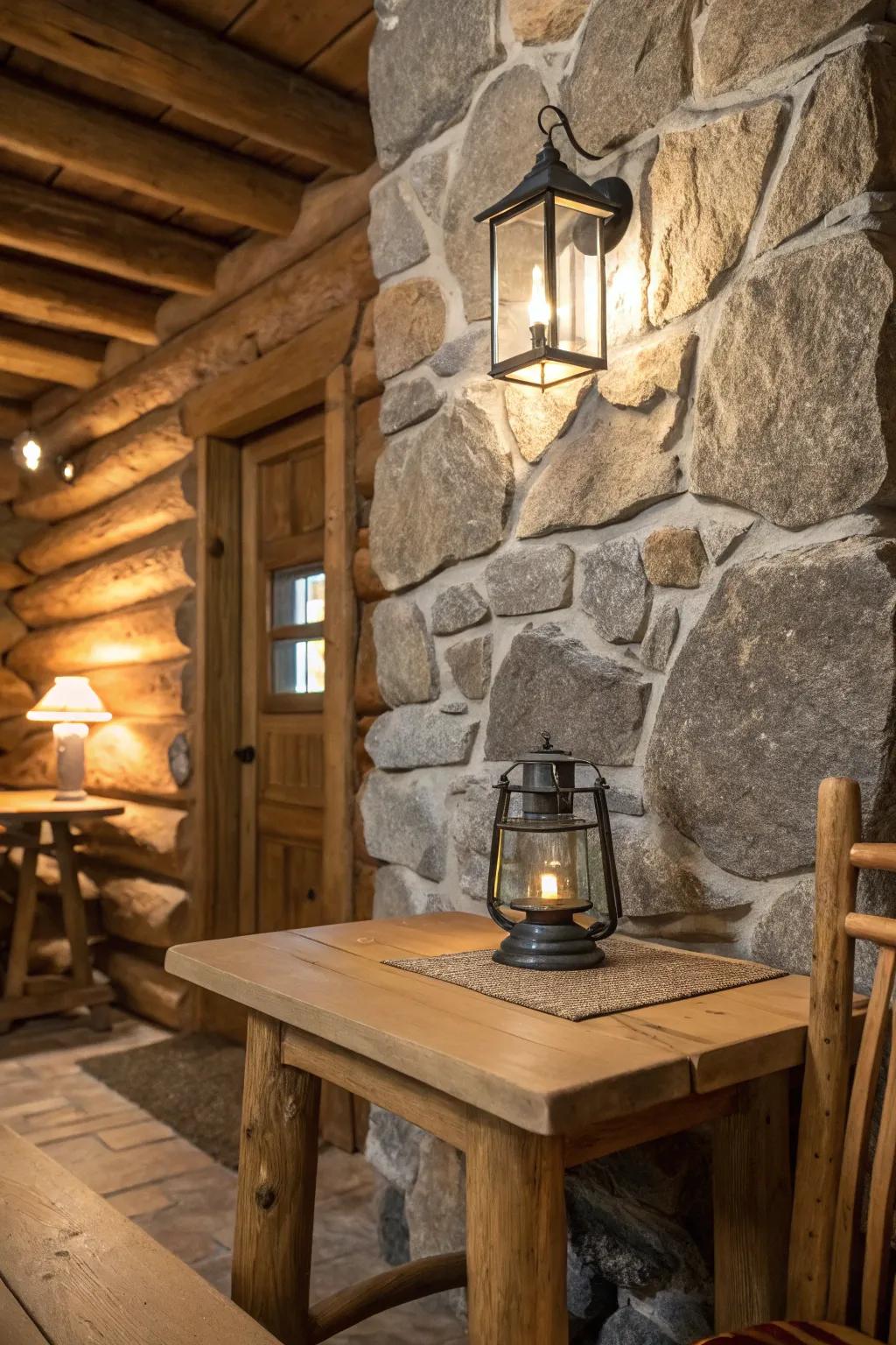 Rock features perfectly enhance the countryside appeal of the cabin.