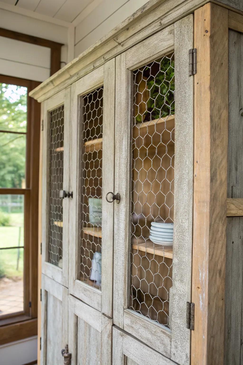 Poultry netting inserts lend a rustic allure to cabinet doors.