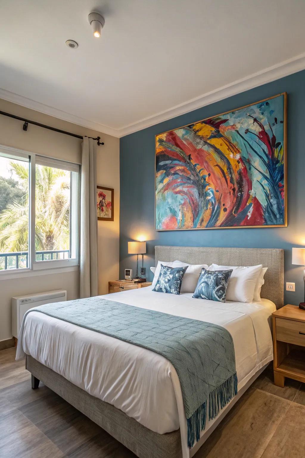 This bedroom features a large abstract painting over the bed, adding an elegant touch.