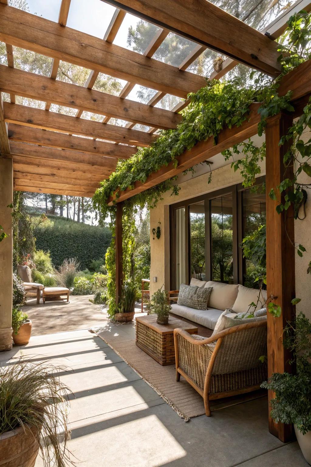 A wooden crossbeam structure offers shade in a California room.