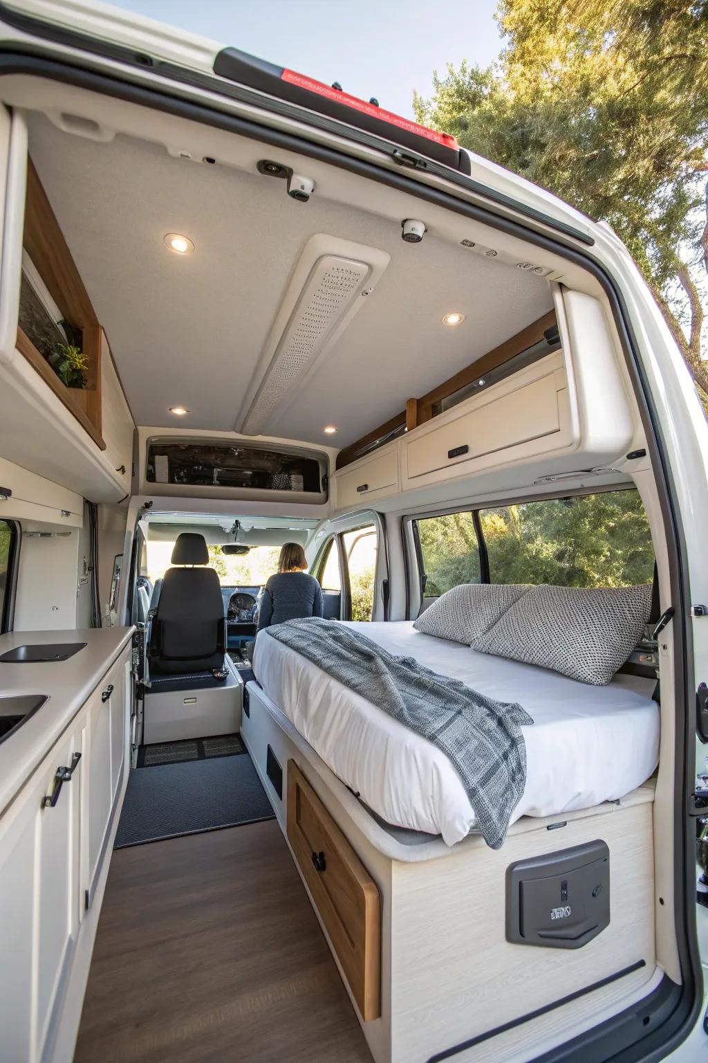 Maximize your van's interior by raising your sleeping space with an efficient bed lift system.