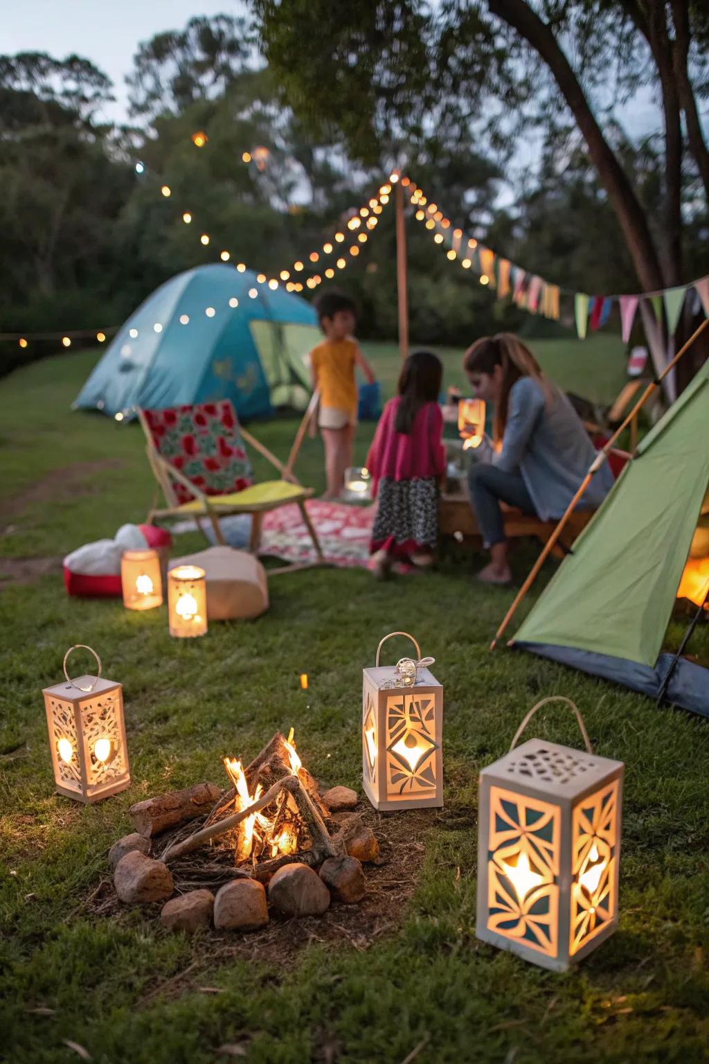 Alluring lanterns illuminate the camping party.