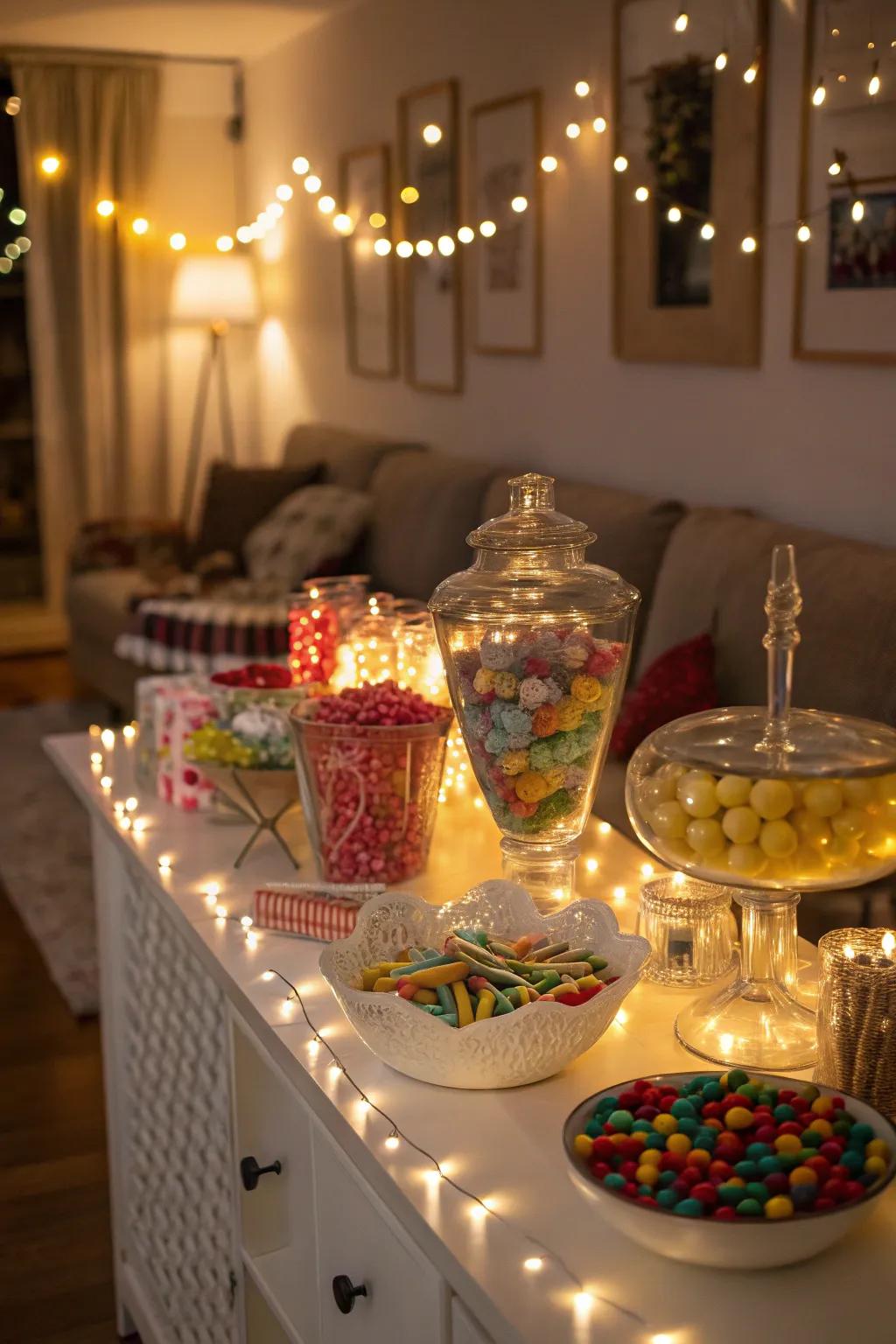 Integrating string lights creates a cozy and inviting glow for your candy buffet.