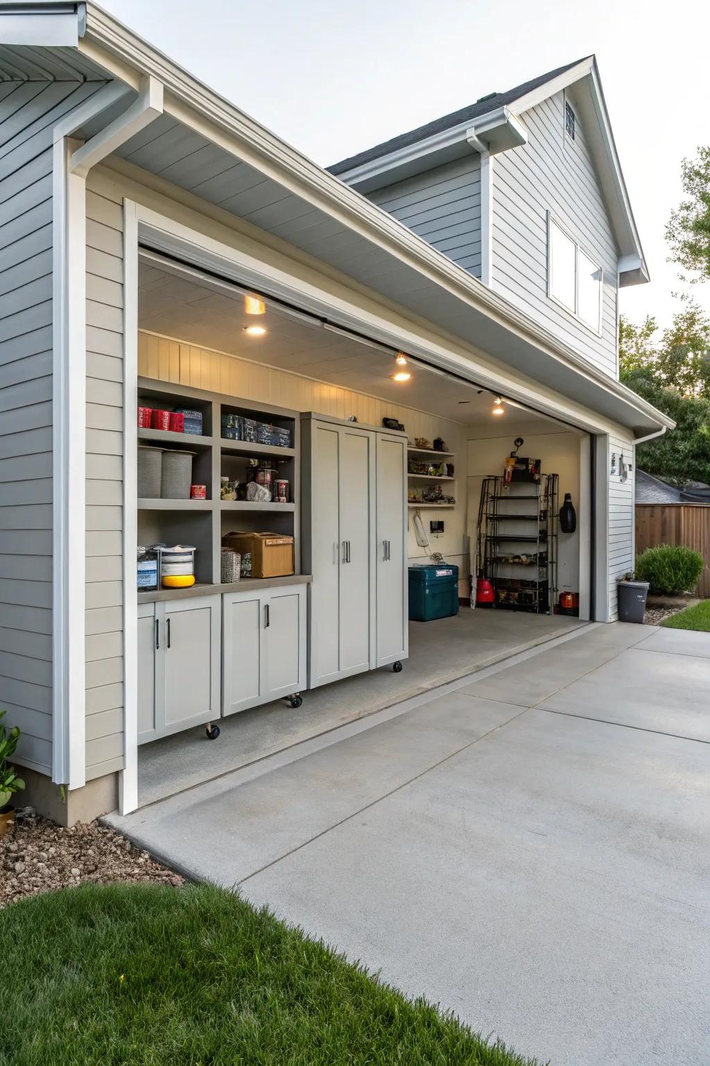 A carport ingeniously integrating storage options.