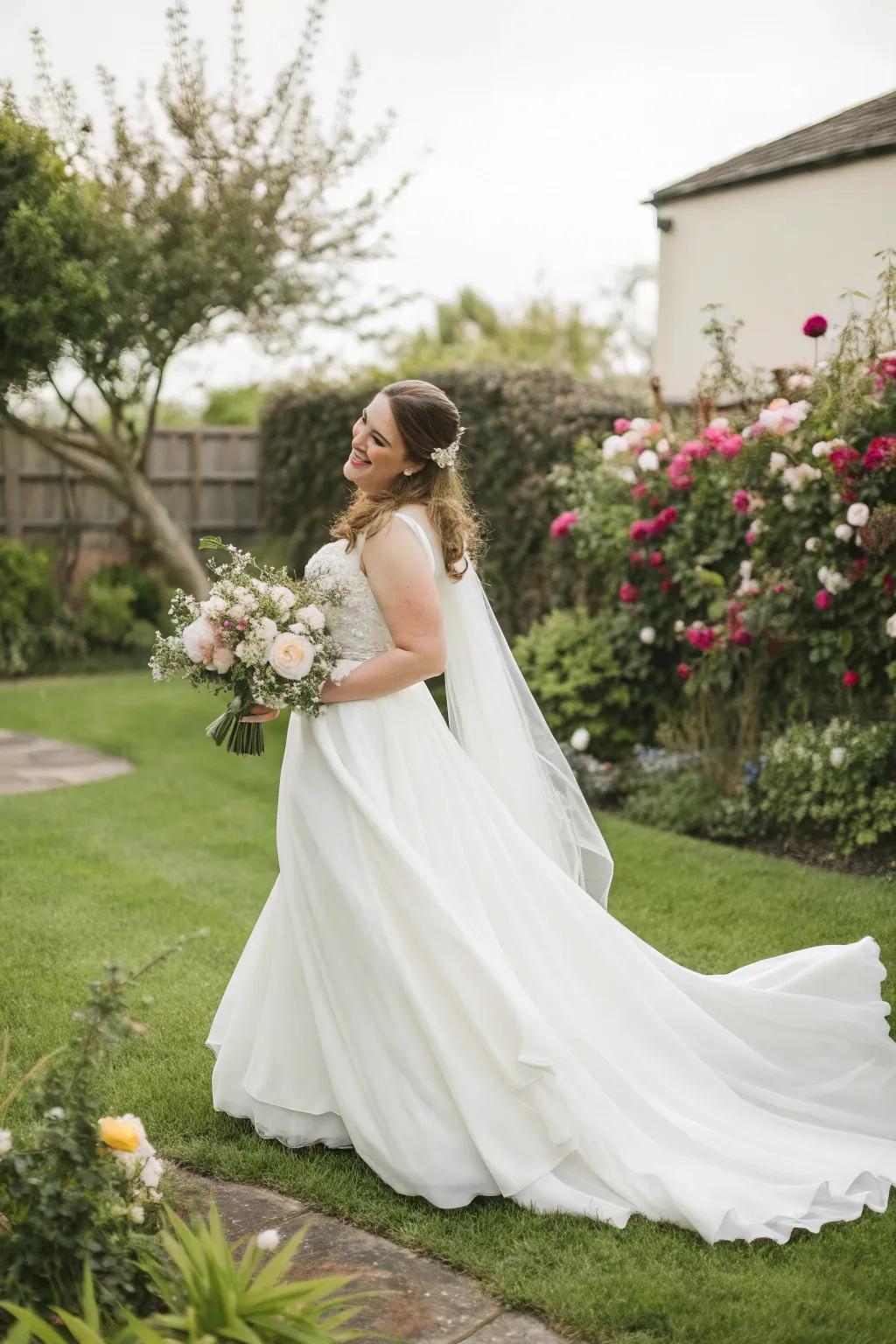 A bride in a simple gown embodies relaxed sophistication.