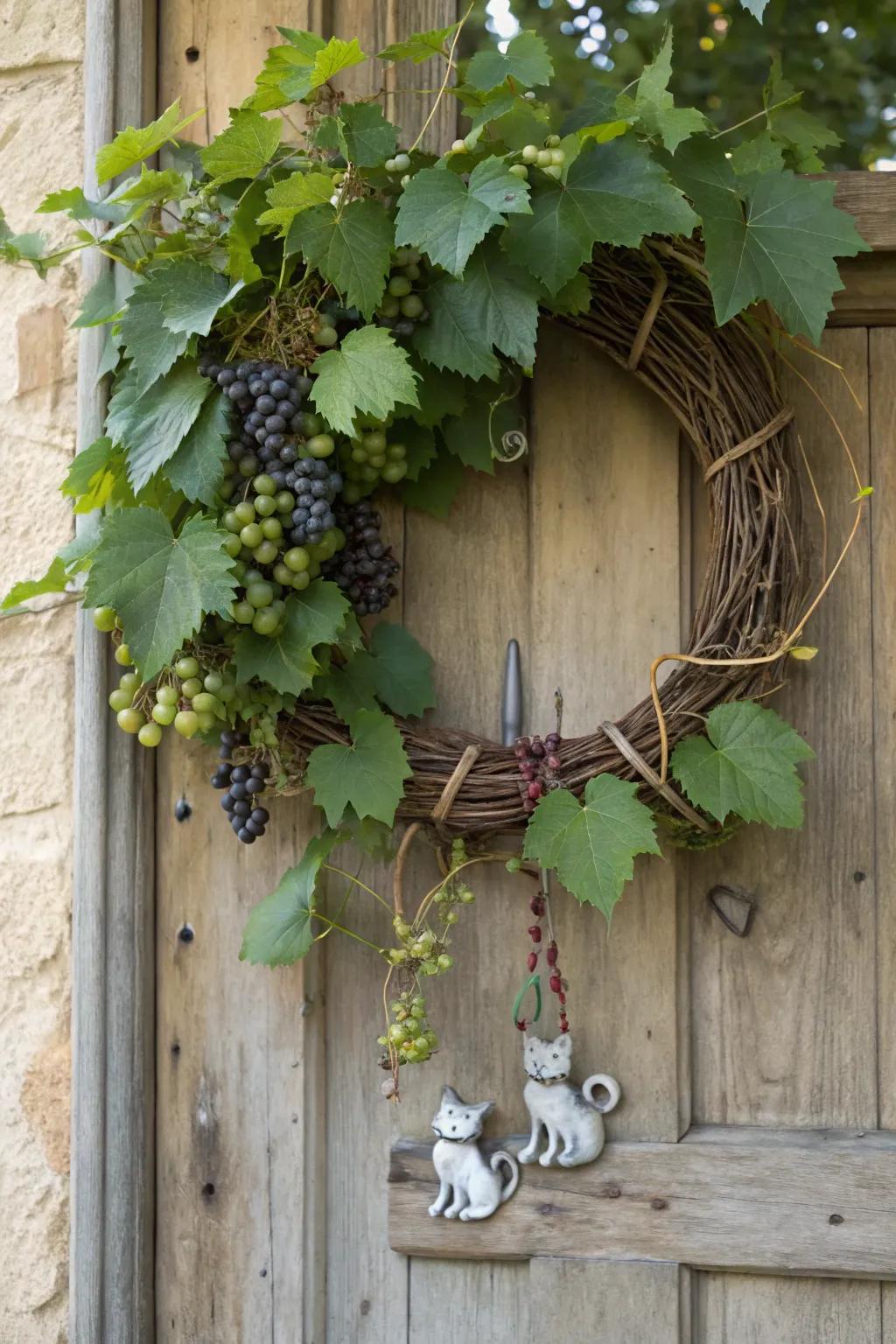 A rustic woodbine feline wreath exhibiting a dash of charm.
