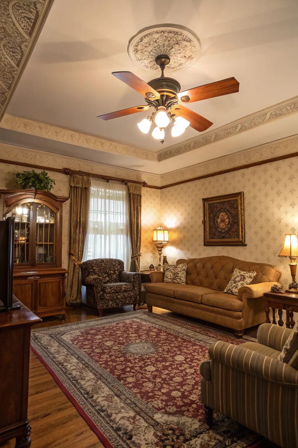 Step back in time using a vintage-patterned air circulator.