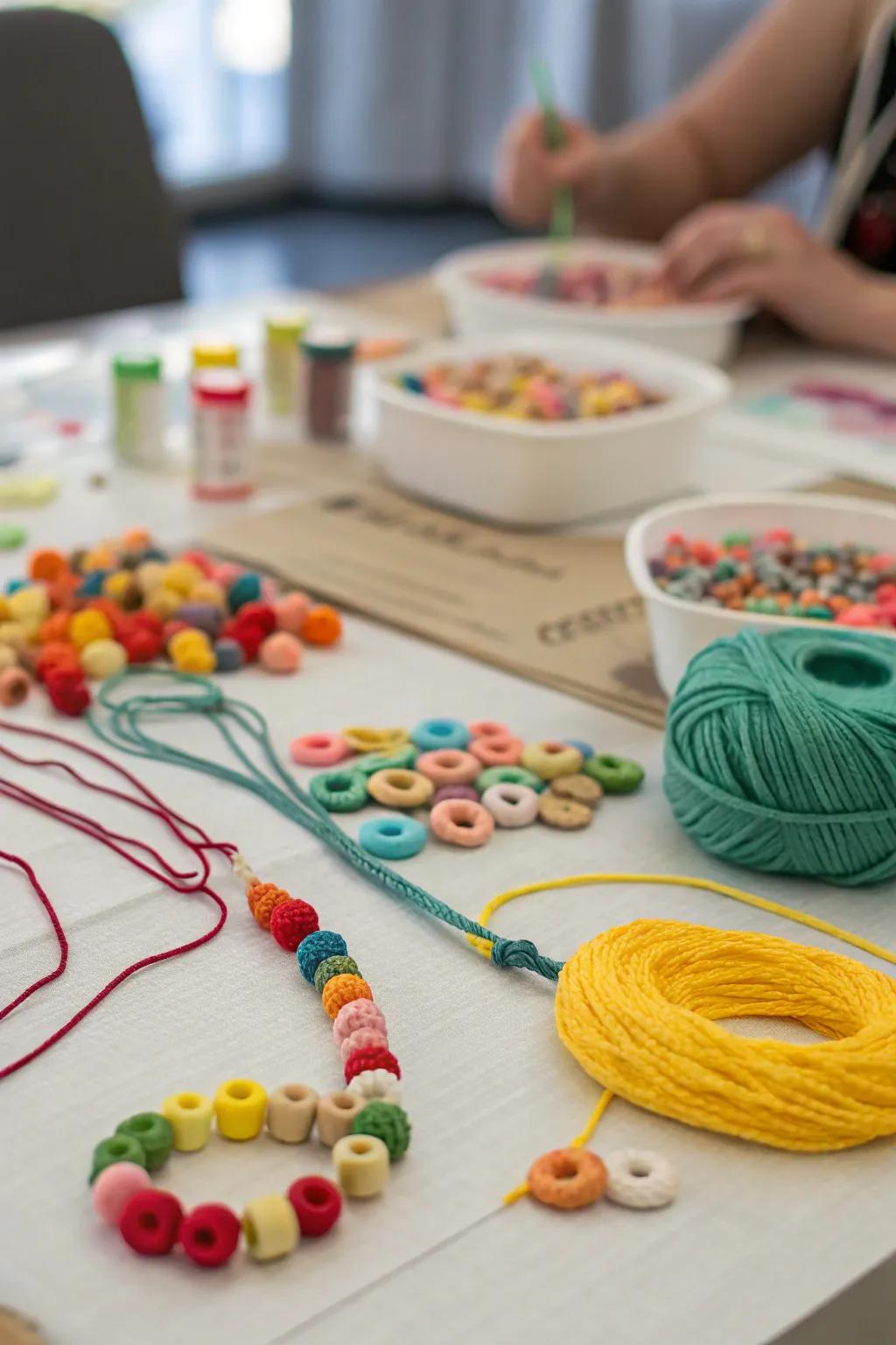 A table showcasing cord and different grains for making grains chains.