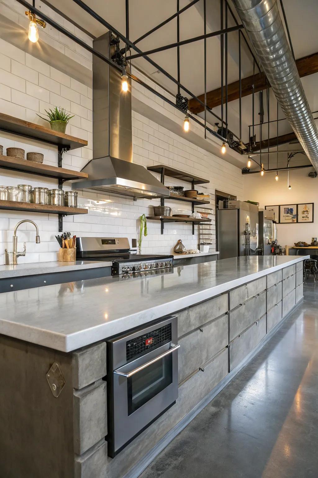 An industrial kitchen showcasing chic concrete countertops.