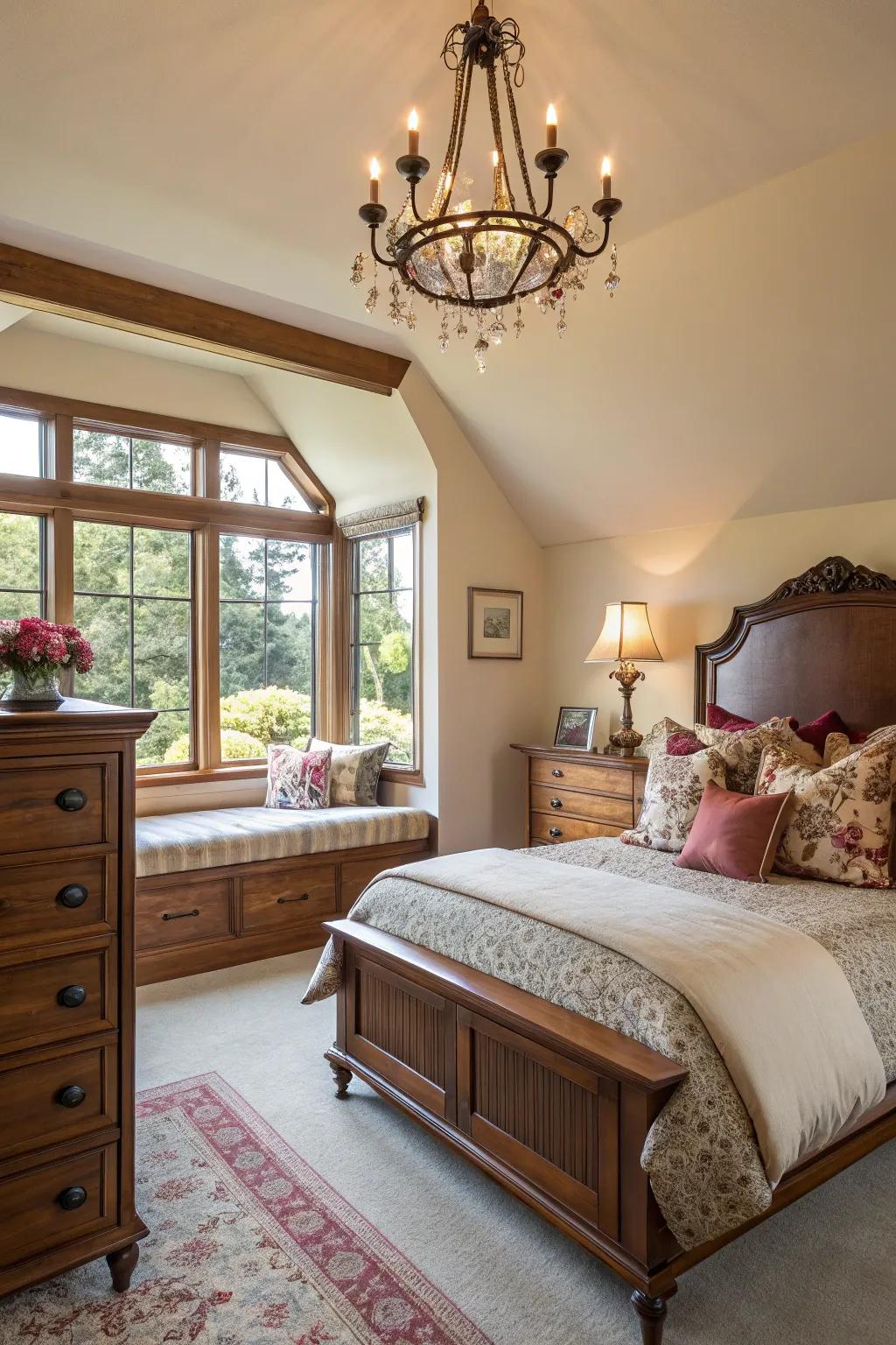 Well-placed lighting shows off the beauty found in mahogany furnishings.