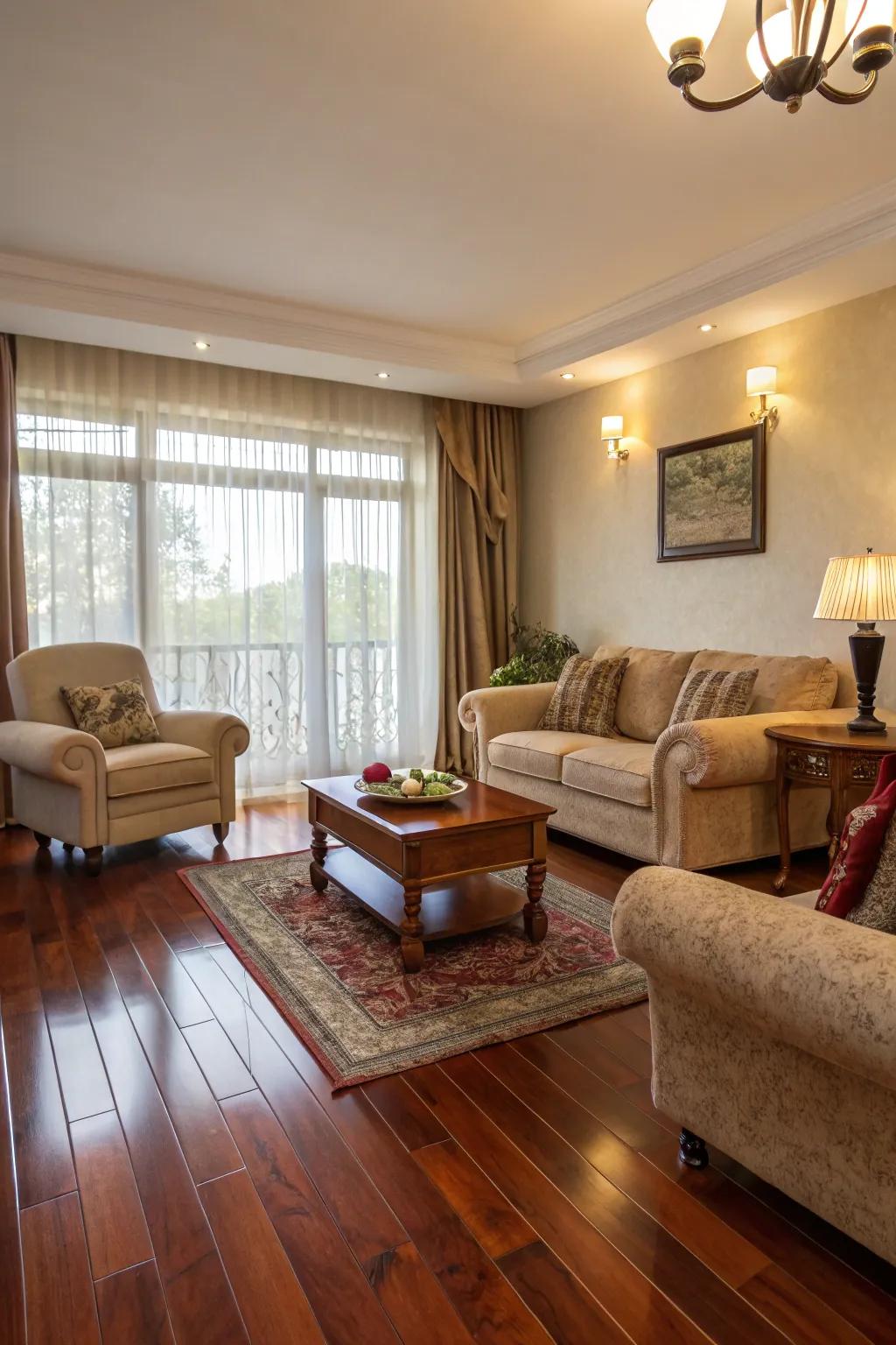Careful furniture layouts enhance the feeling of coziness and elegance.