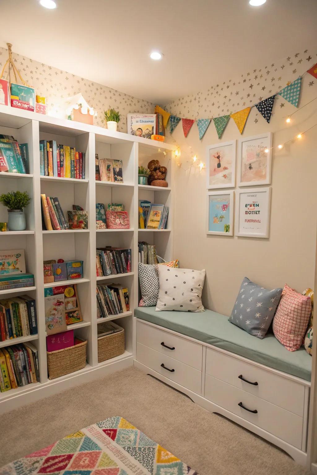 Built-in seating creates an inviting reading nook.