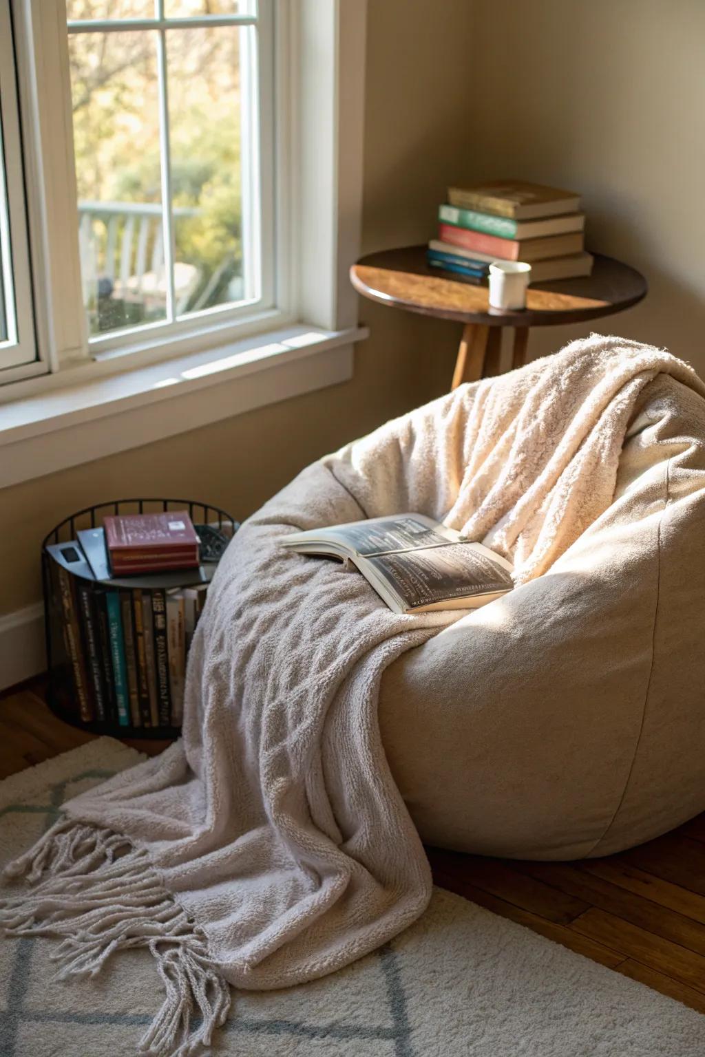 A comfy corner with a bean bag perfect for unwinding.