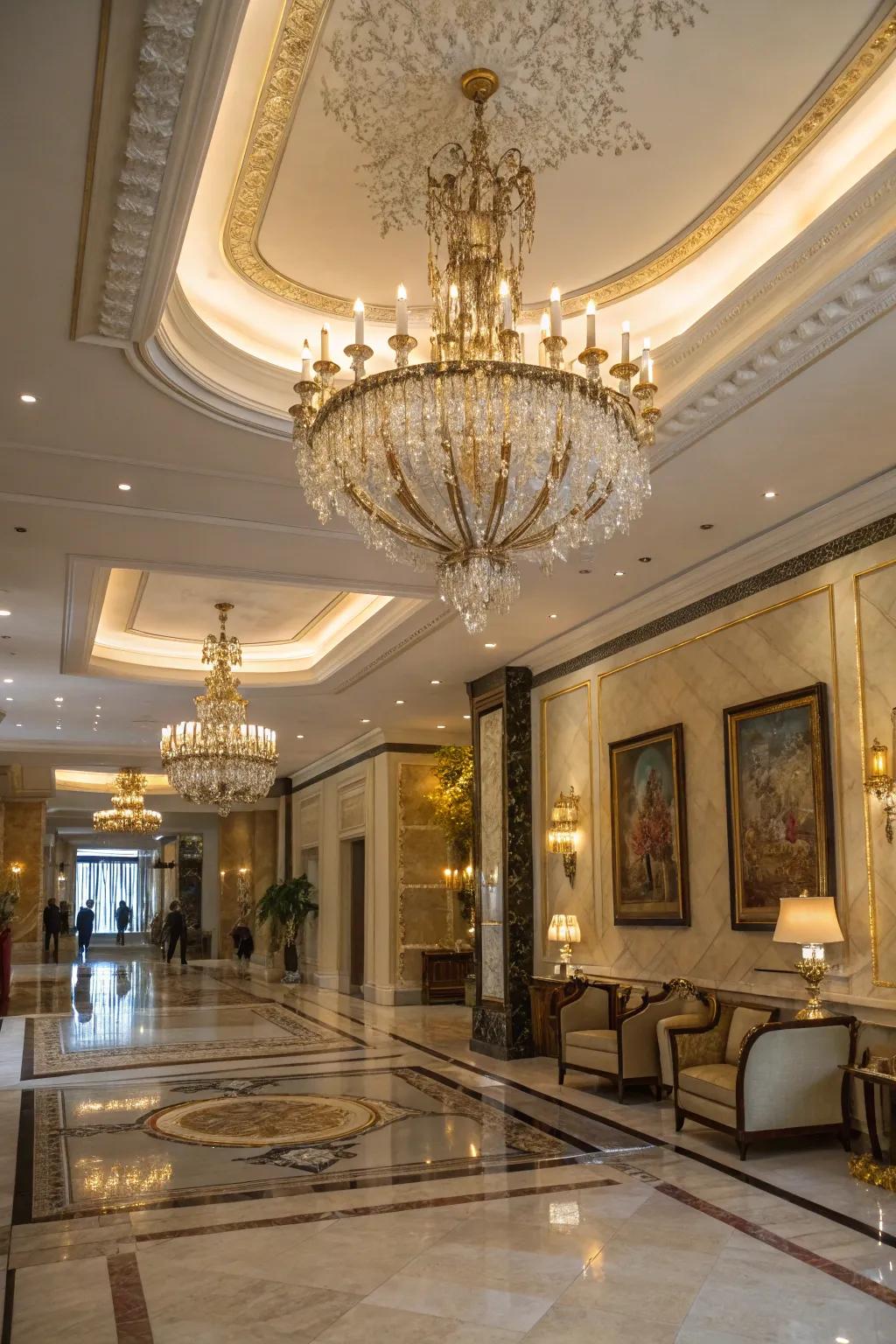 A grand chandelier enhancing the beauty of the entrance hall.