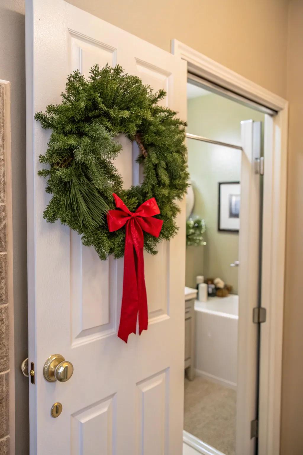 A festive wreath welcomes guests into your Christmas-themed bathroom.