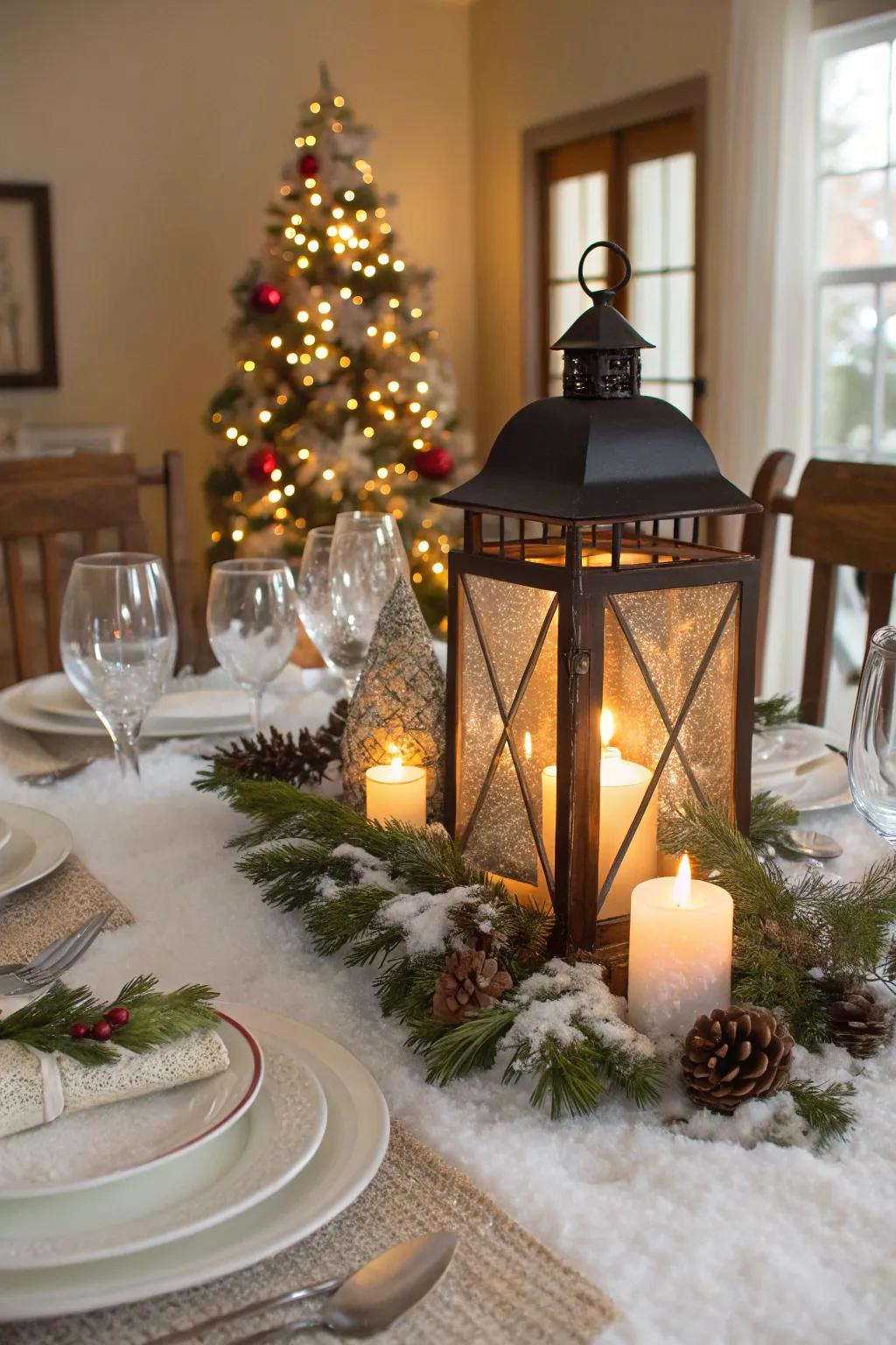 A snow-kissed lantern scene suggests a snug and secure radiant centerpiece.