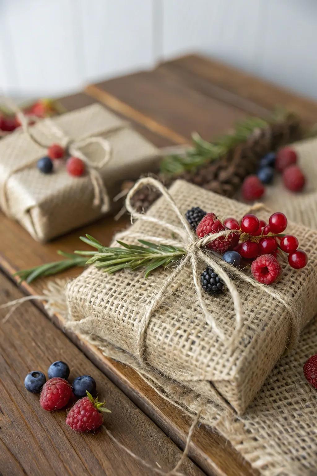 A charmingly rustic gift, adorned with burlap and delightful berry accents.