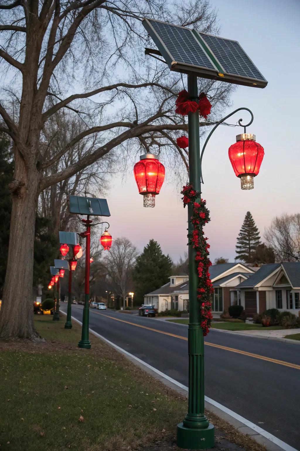 Solar lanterns bathe a lamp post in celebratory colors.