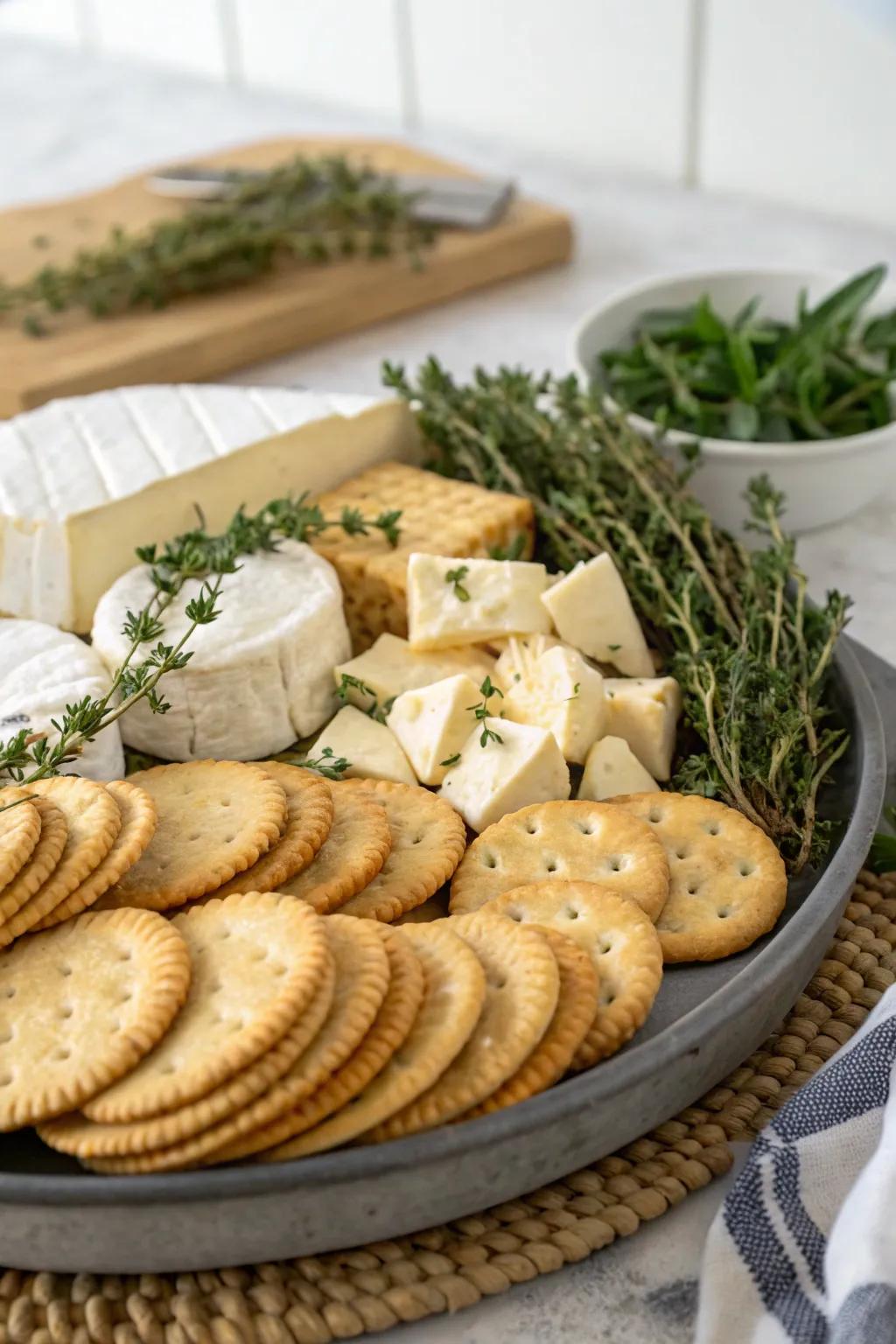 Herbed crackers elegantly arranged with soft cheeses.