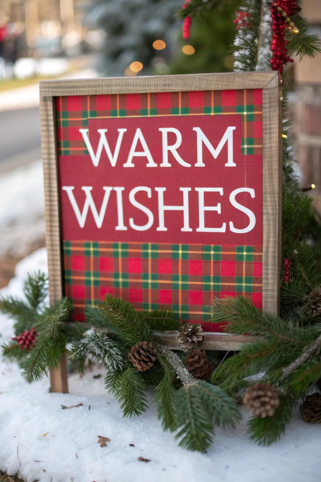 Create warmth with a plaid-patterned Christmas sign.