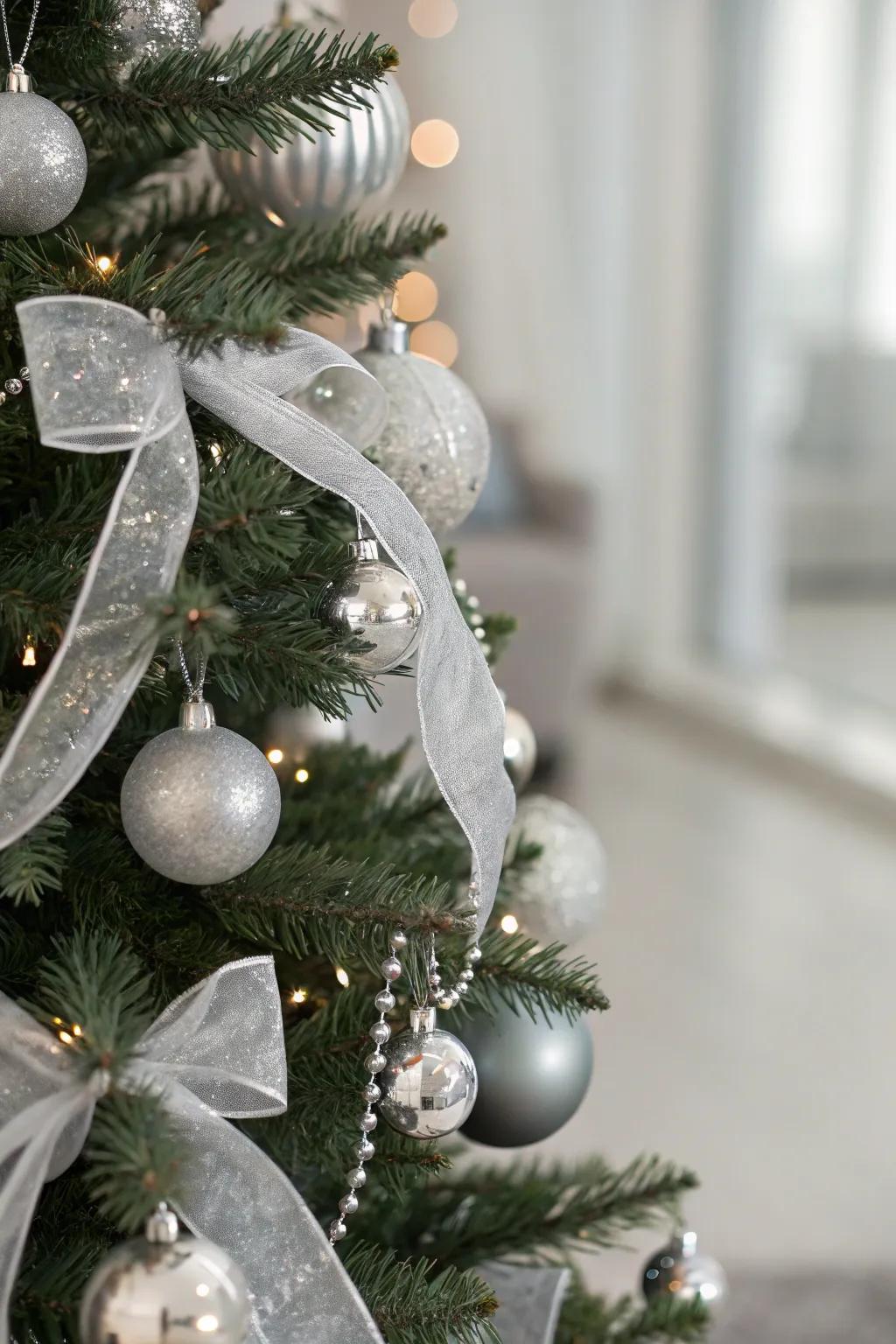 A Christmas tree with a monochrome silver theme, showcasing elegance and sophistication.