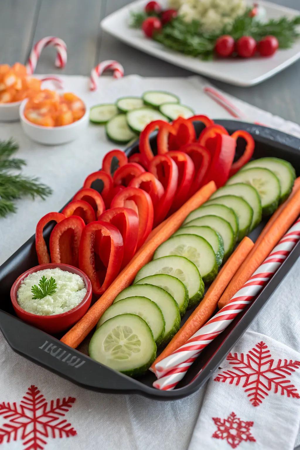 Playful candy cane veggie shapes that add a touch of holiday whimsy.